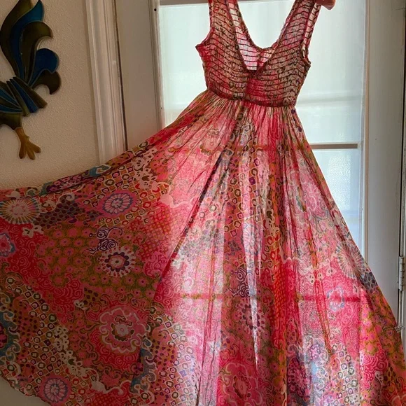 70s Sheer Boho Smocked Bodice Maxi Dress Full Sweep w Ruffled Wrap - Picture 8 of 8